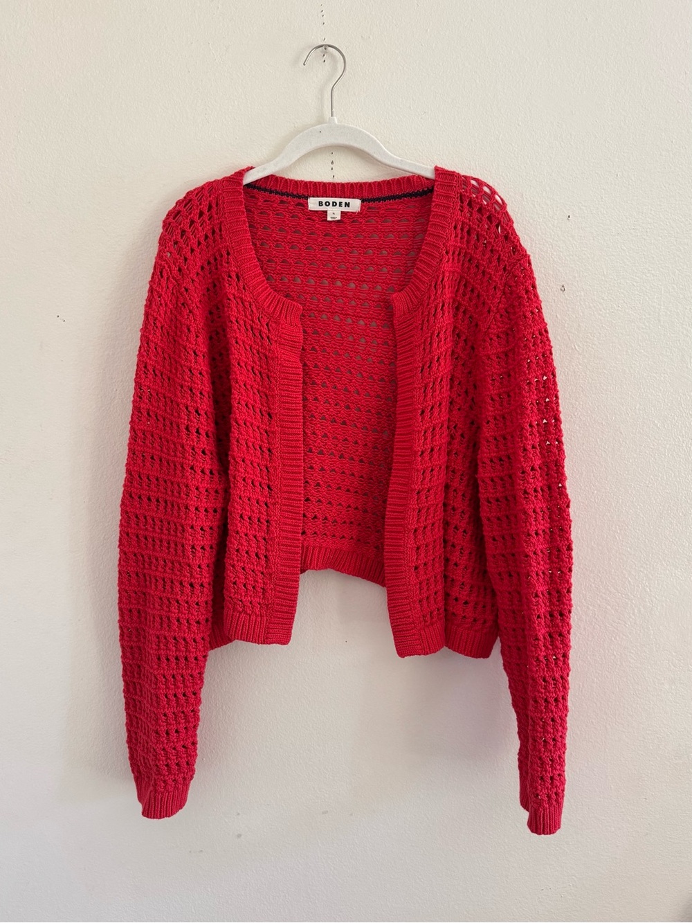 Boden Open Front Loose Knit Crochet Cardigan Sweater High Risk Red XL